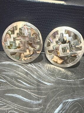Abalone Inlay Mexican Silver Earrings- Iridescent Green/Purple